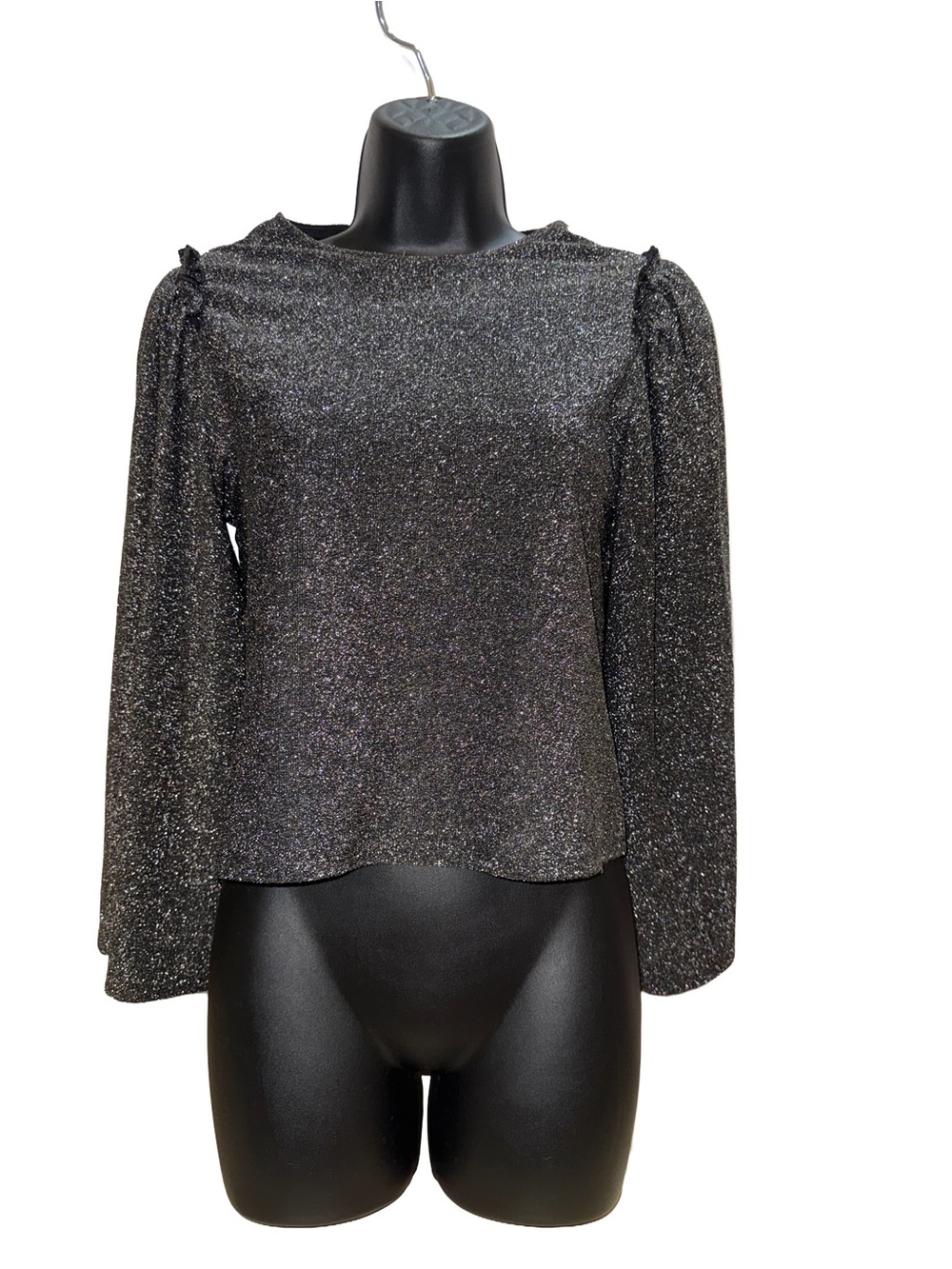 Express Metallic Crewneck Long Sleeve Top - Black Silver Sparkle